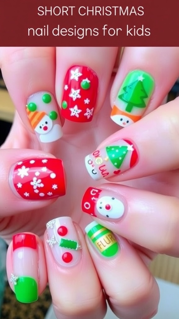 Festive Short Nail Designs for Kids This Christmas Short Christmas nail designs for kids with festive decorations in red and green.